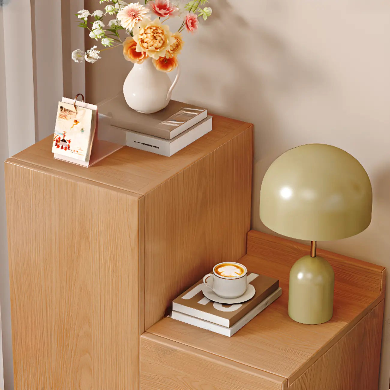 Casual Wood Color Rectangle Nightstand with 3 Cabinets