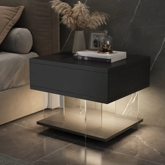 Modern Acrylic Wood Top 1 Drawer Nightstand with Light