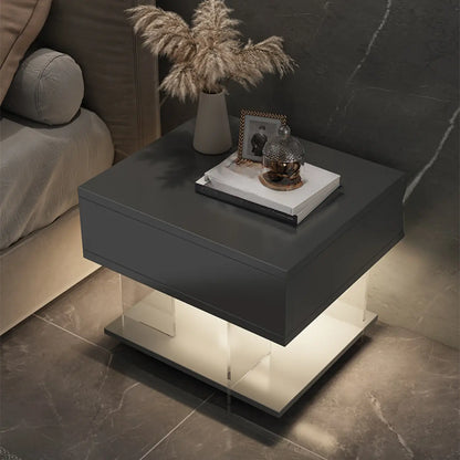 Modern Acrylic Wood Top 1 Drawer Nightstand with Light