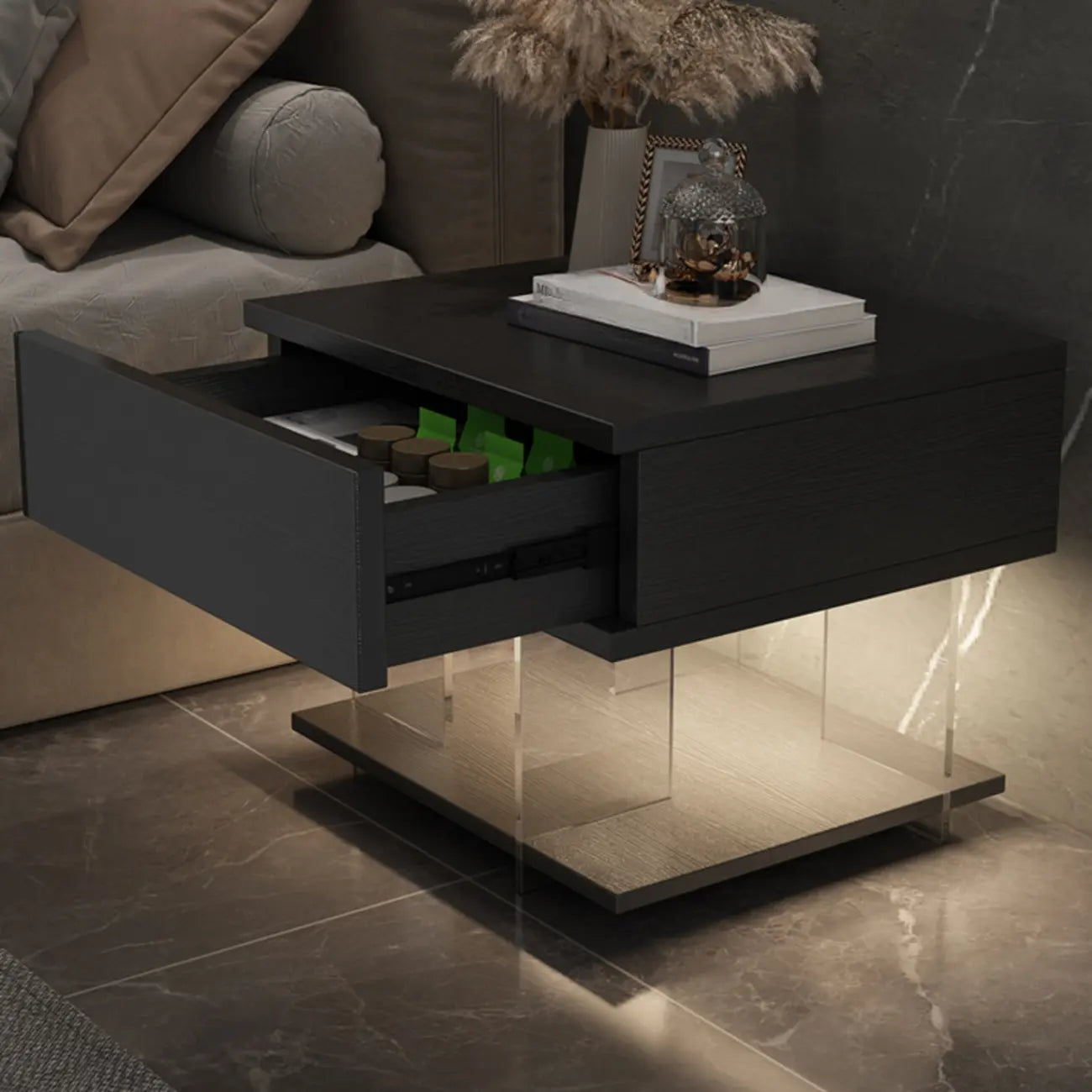 Modern Acrylic Wood Top 1 Drawer Nightstand with Light