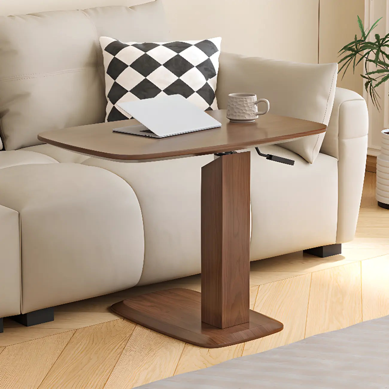 Adjustable Height Walnut Wood C Table for Living Room