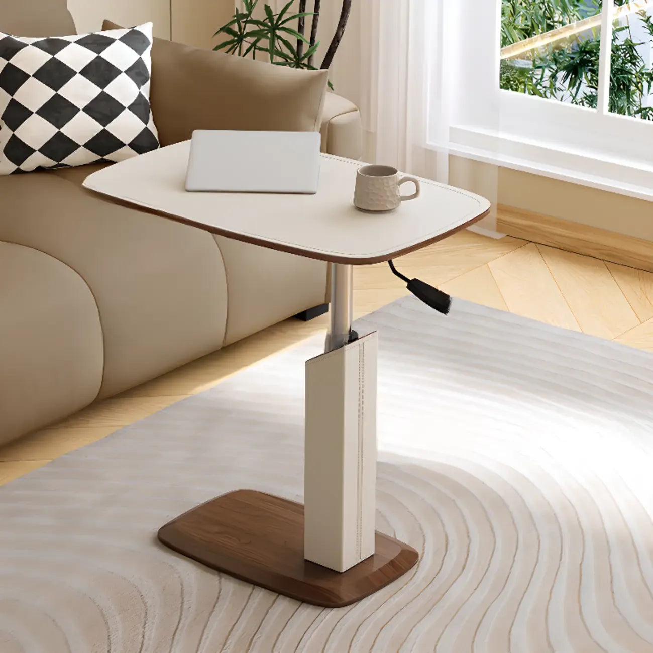 Adjustable Height Walnut Wood C Table for Living Room