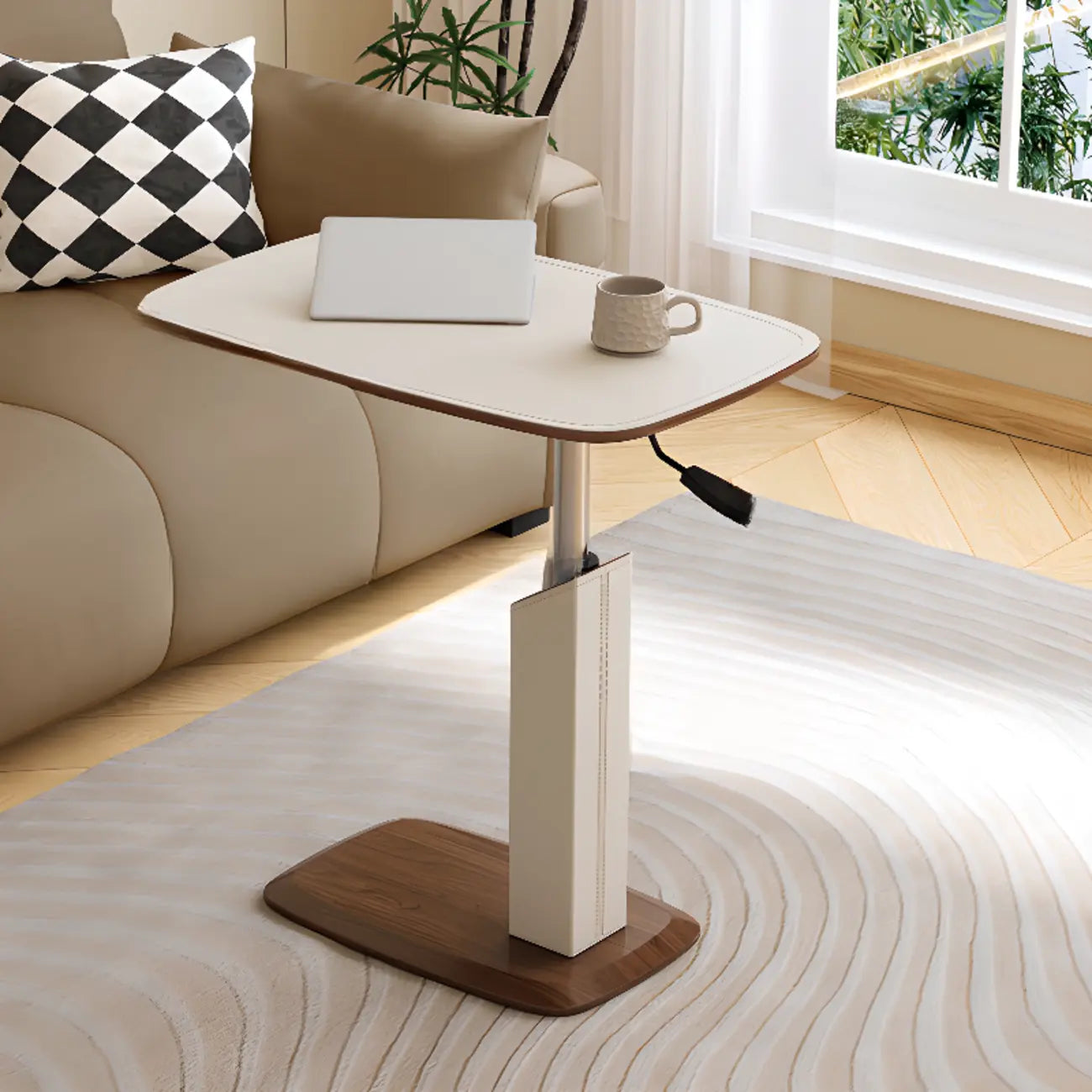 Adjustable Height Walnut Wood C Table for Living Room