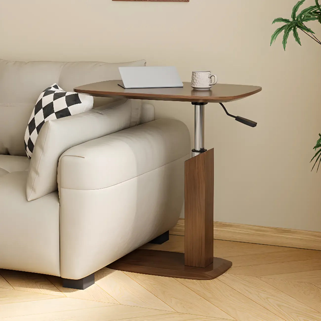 Adjustable Height Walnut Wood C Table for Living Room