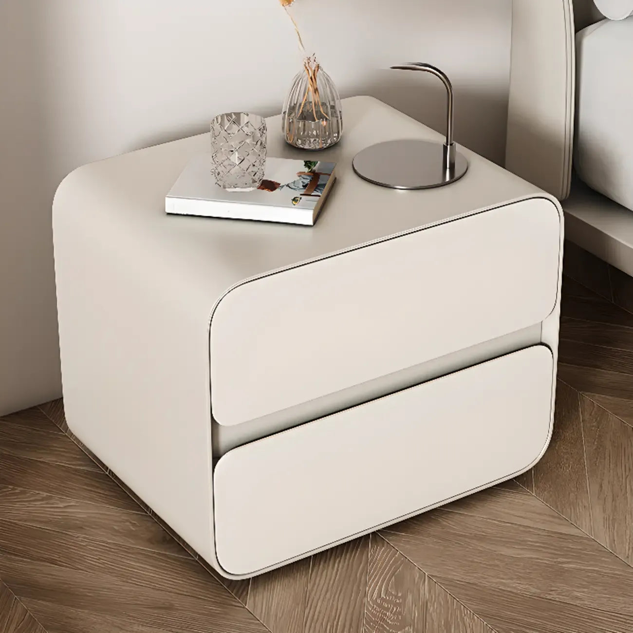 White Art Deco Faux Leather Top Storage Nightstand