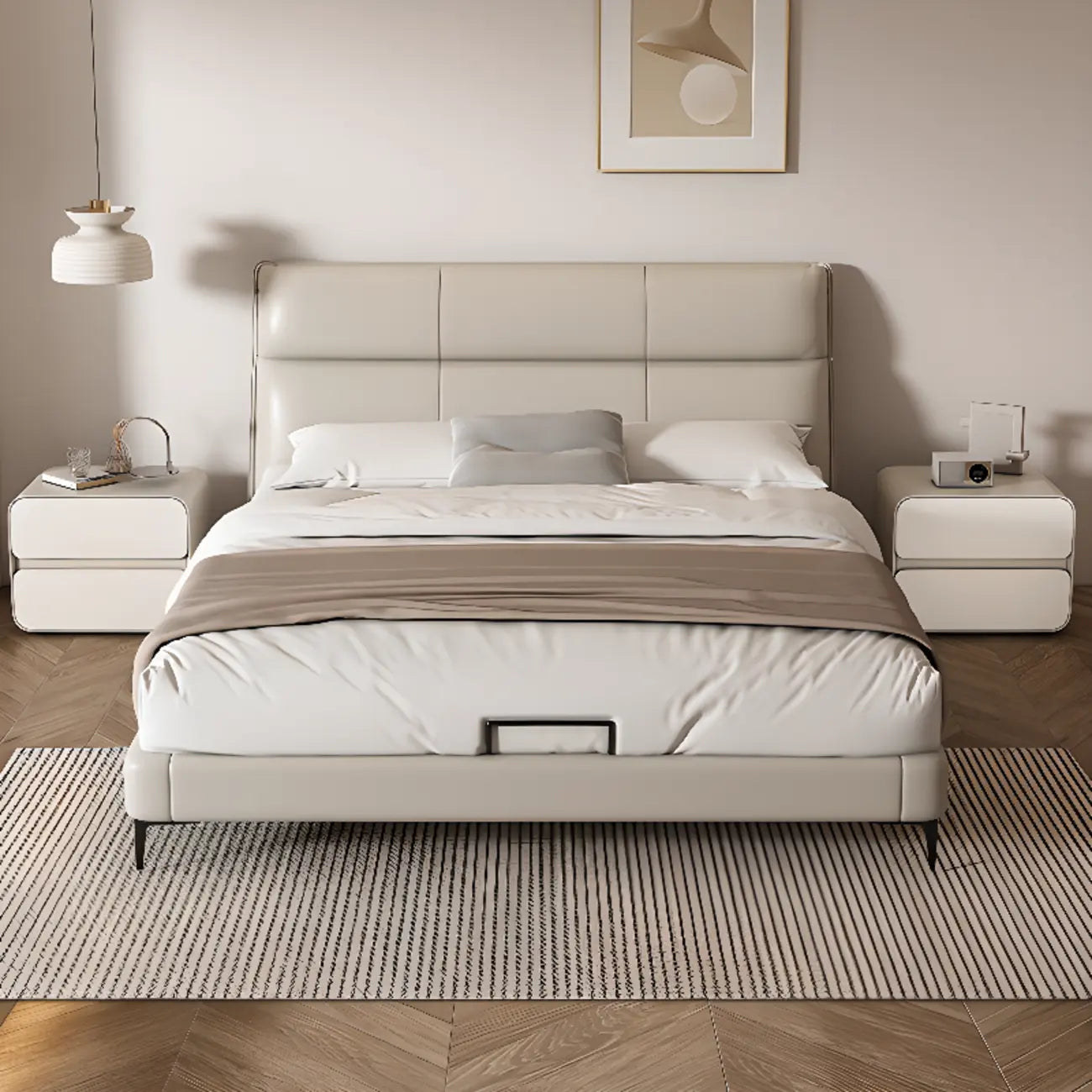 White Art Deco Faux Leather Top Storage Nightstand