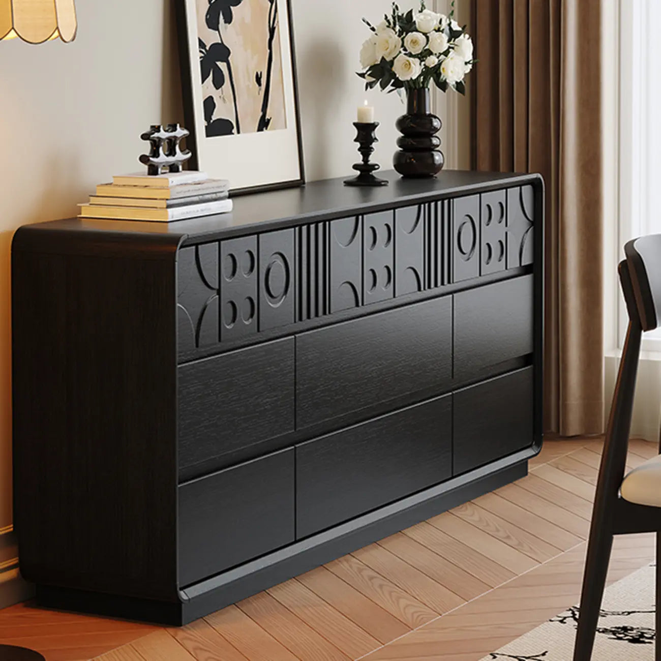 Art Deco Inspired Wood Dresser with Geometric Carvings