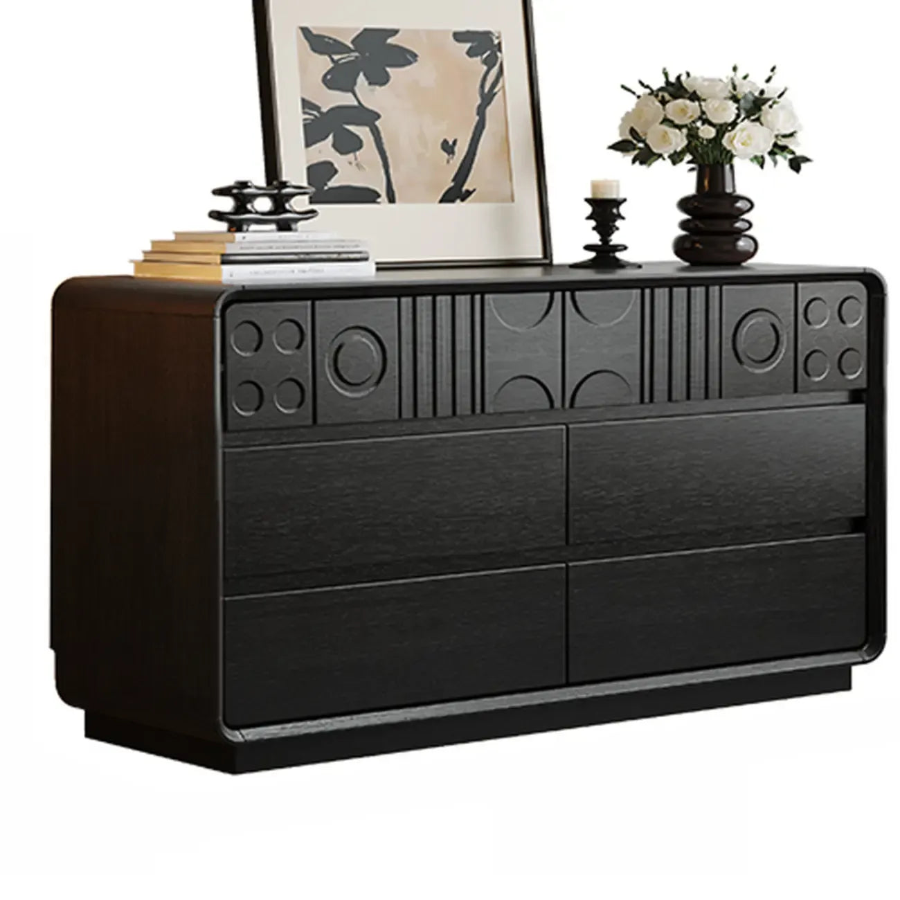Art Deco Inspired Wood Dresser with Geometric Carvings