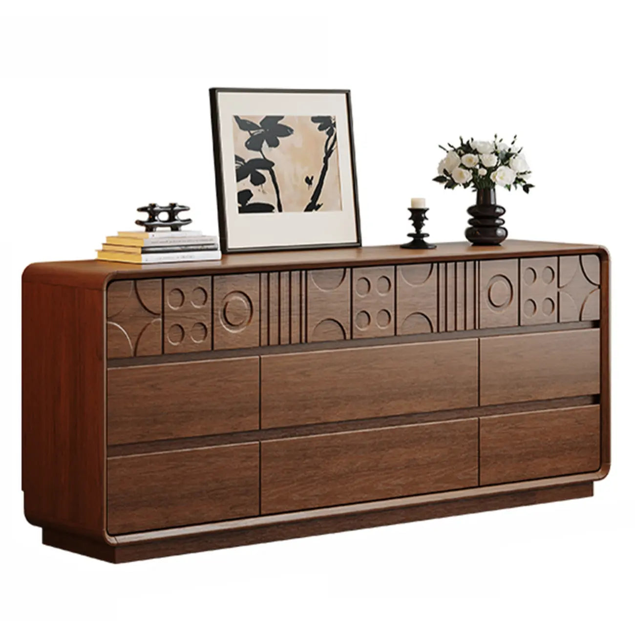 Art Deco Inspired Wood Dresser with Geometric Carvings