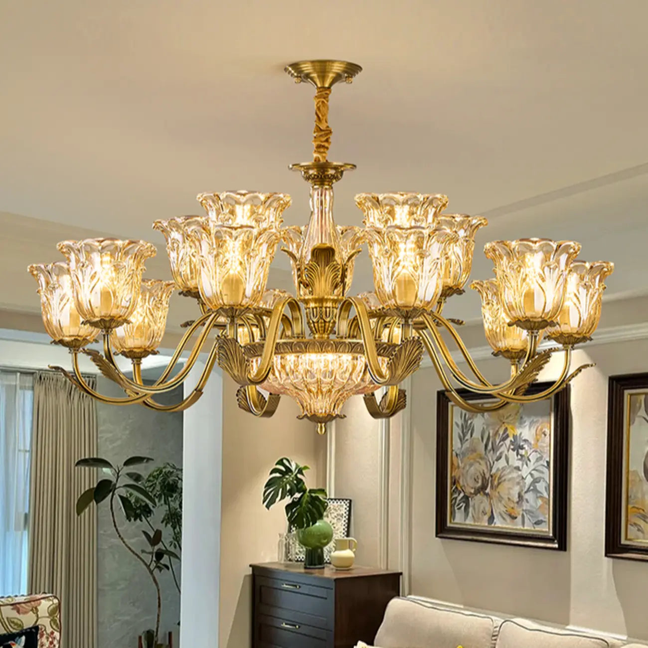 Gold Floral Glass Crystal Chandelier Elegant Design