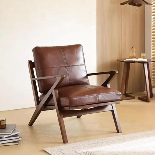 Mid-Century Modern Top Grain Leather Arm Chair Wood Frame