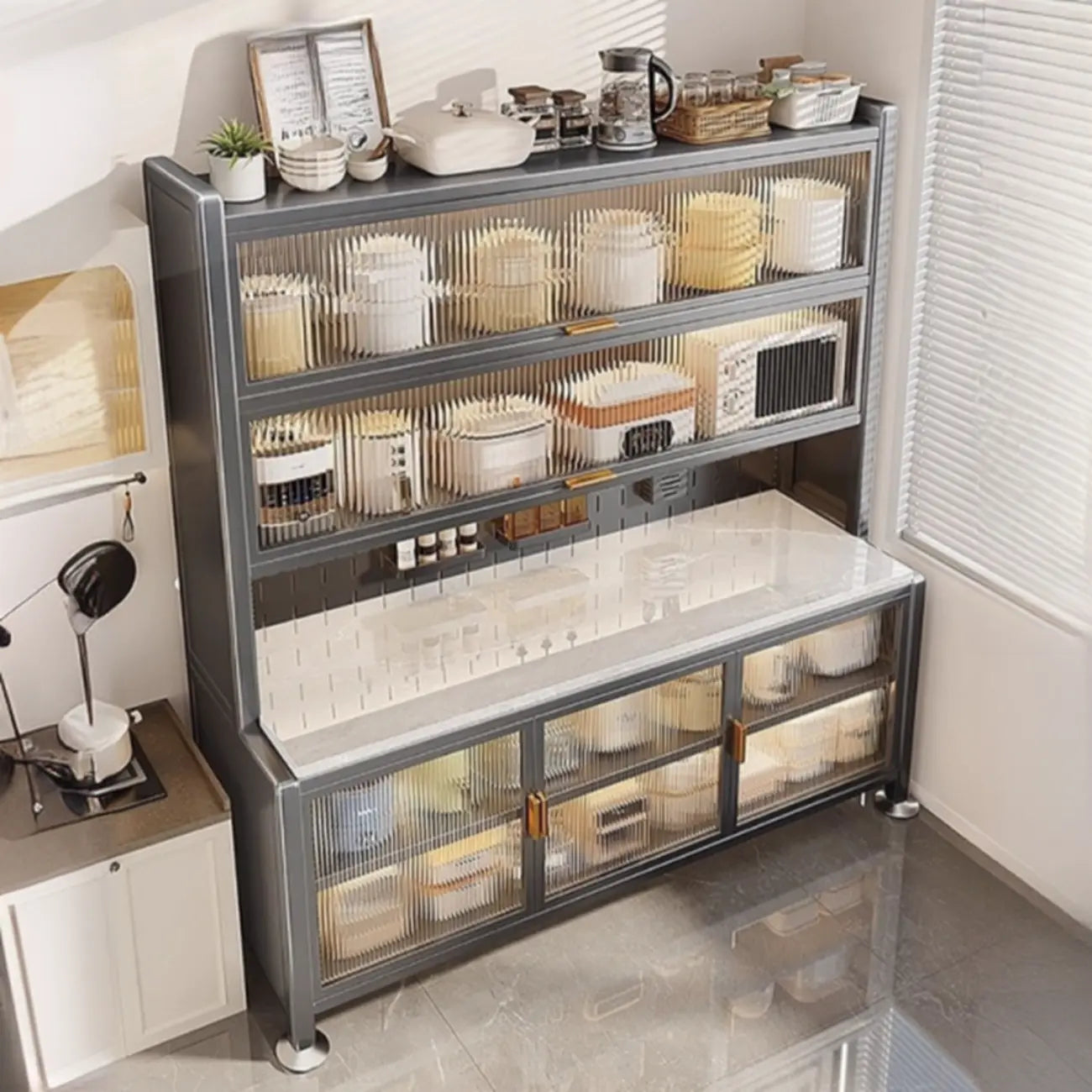 Modern Metal Buffet with Stone Countertop Narrow Design