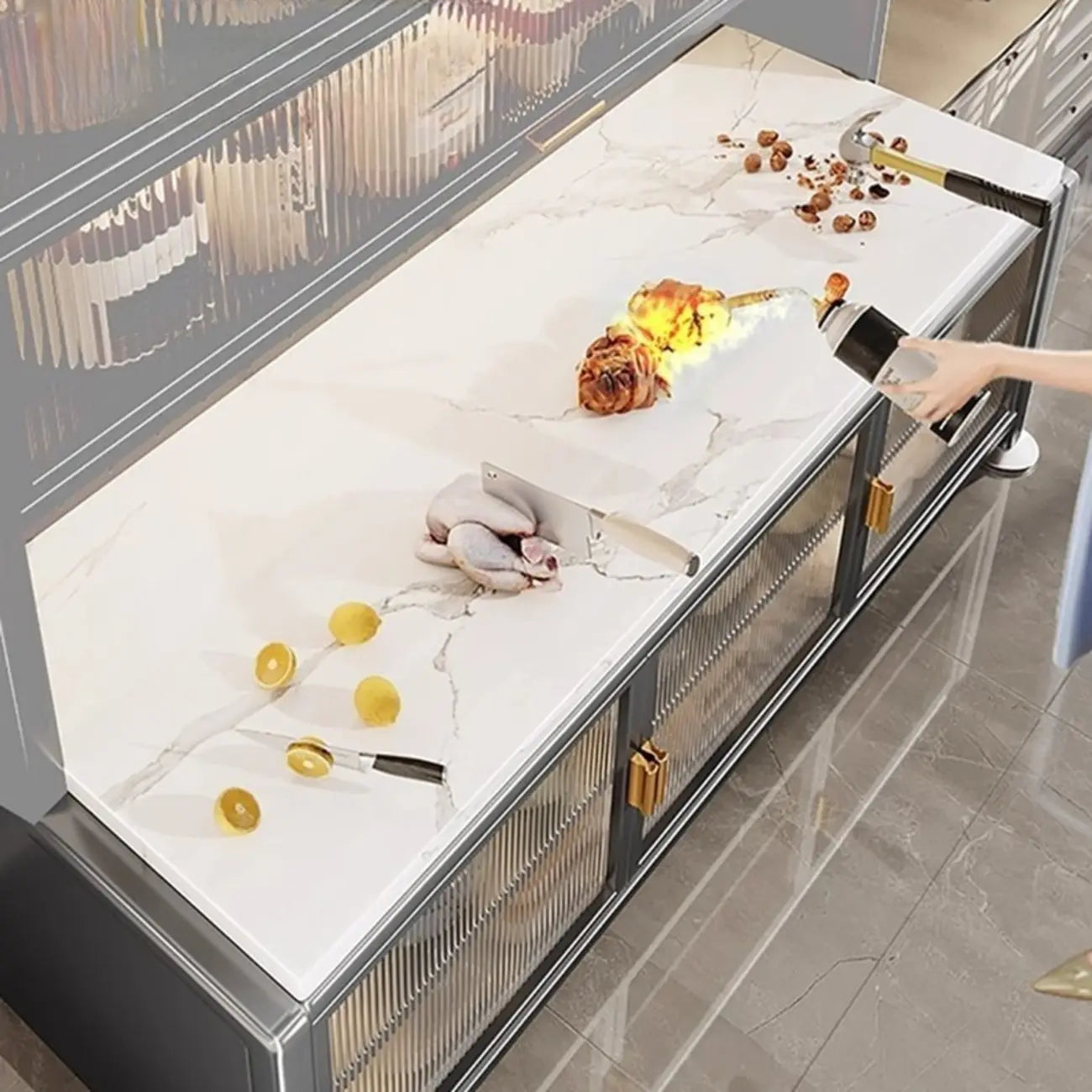 Modern Metal Buffet with Stone Countertop Narrow Design