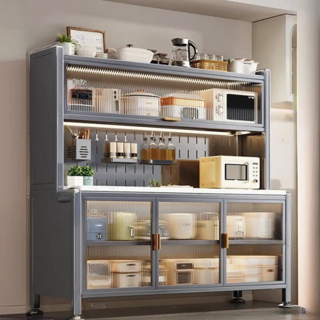 Modern Metal Buffet with Stone Countertop Narrow Design