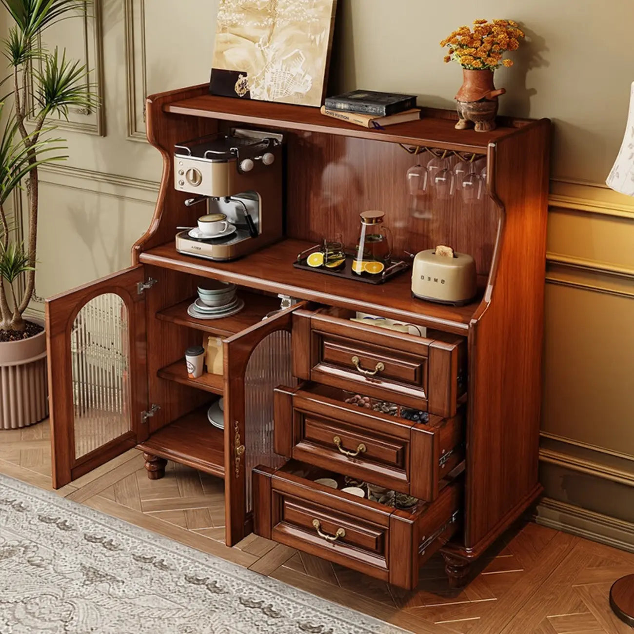Modern Wood Kitchen Buffet with Shelves and Stemware Rack