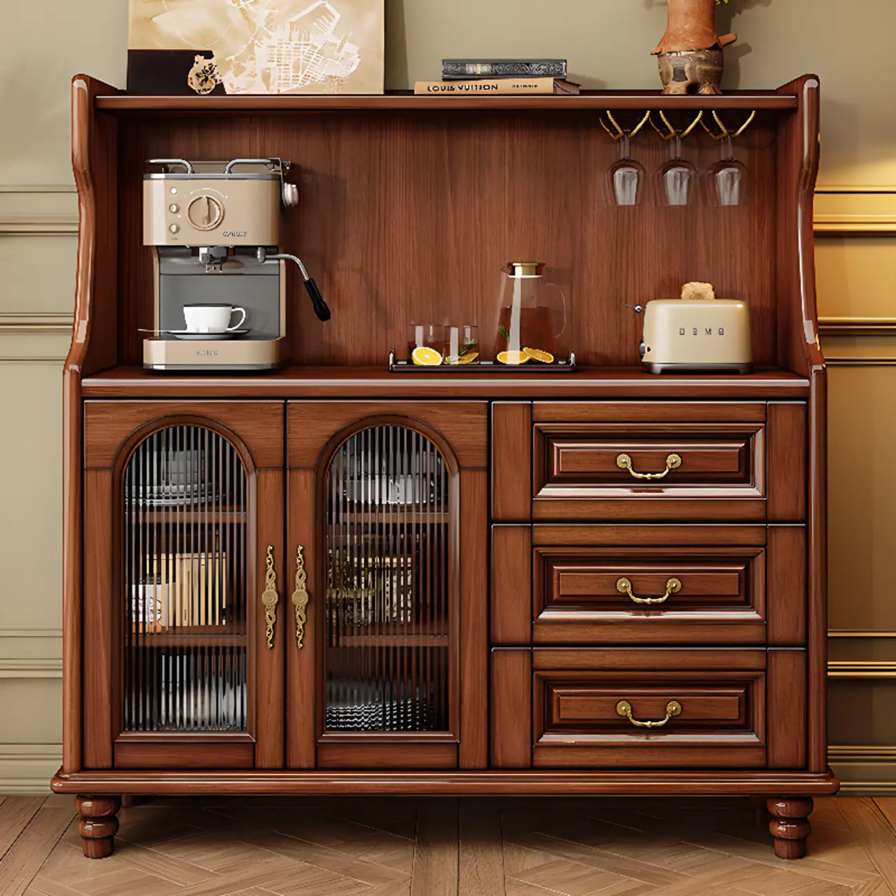 Modern Wood Kitchen Buffet with Shelves and Stemware Rack