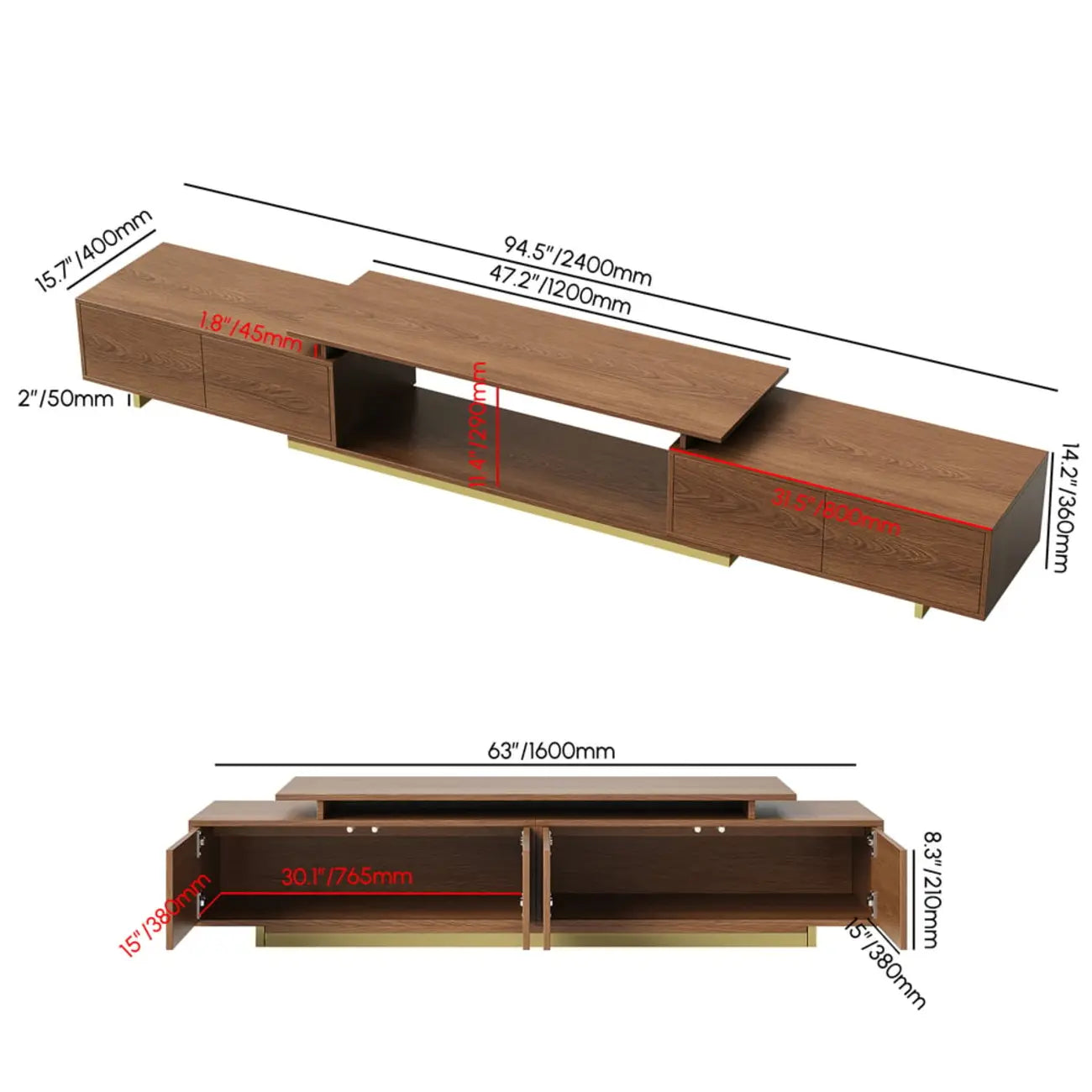 Extendable Walnut Wooden Open Storage TV Stand