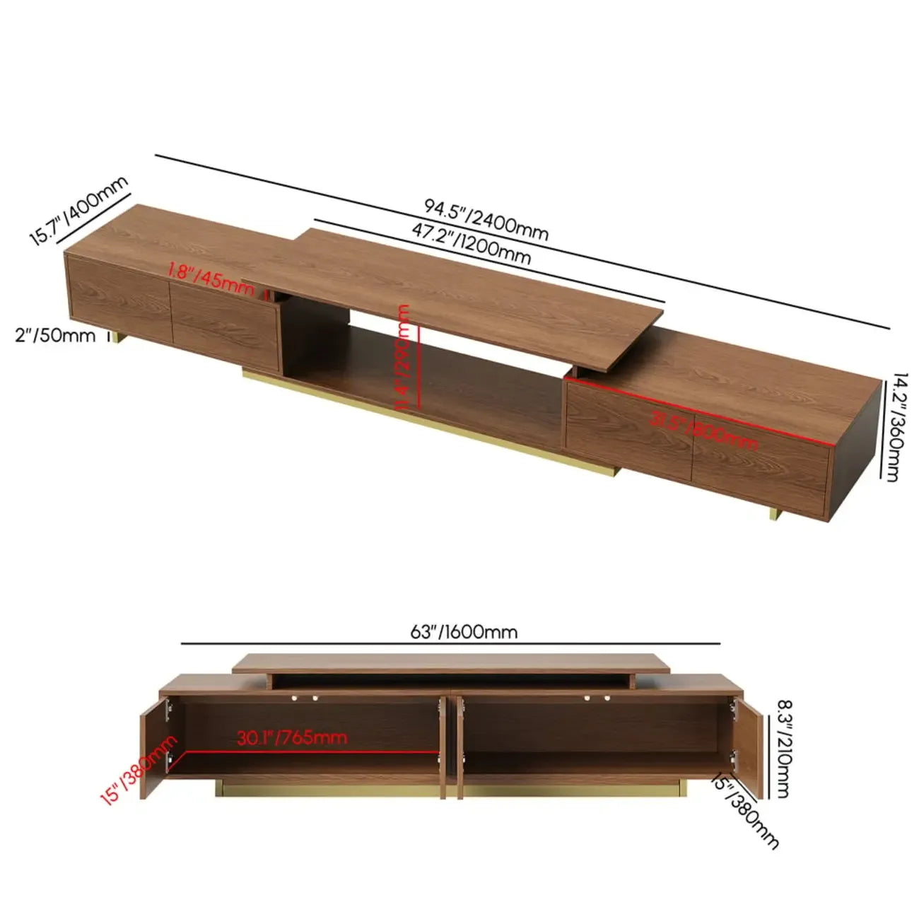 Extendable Walnut Wooden Open Storage TV Stand