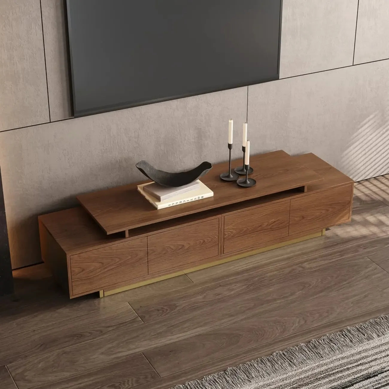 Extendable Walnut Wooden Open Storage TV Stand