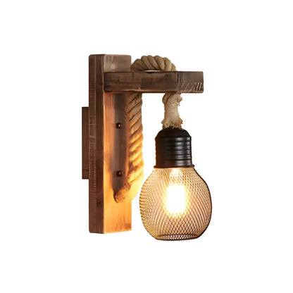 Vintage Rustic Rope Wall Sconce with Iron Grid Shade