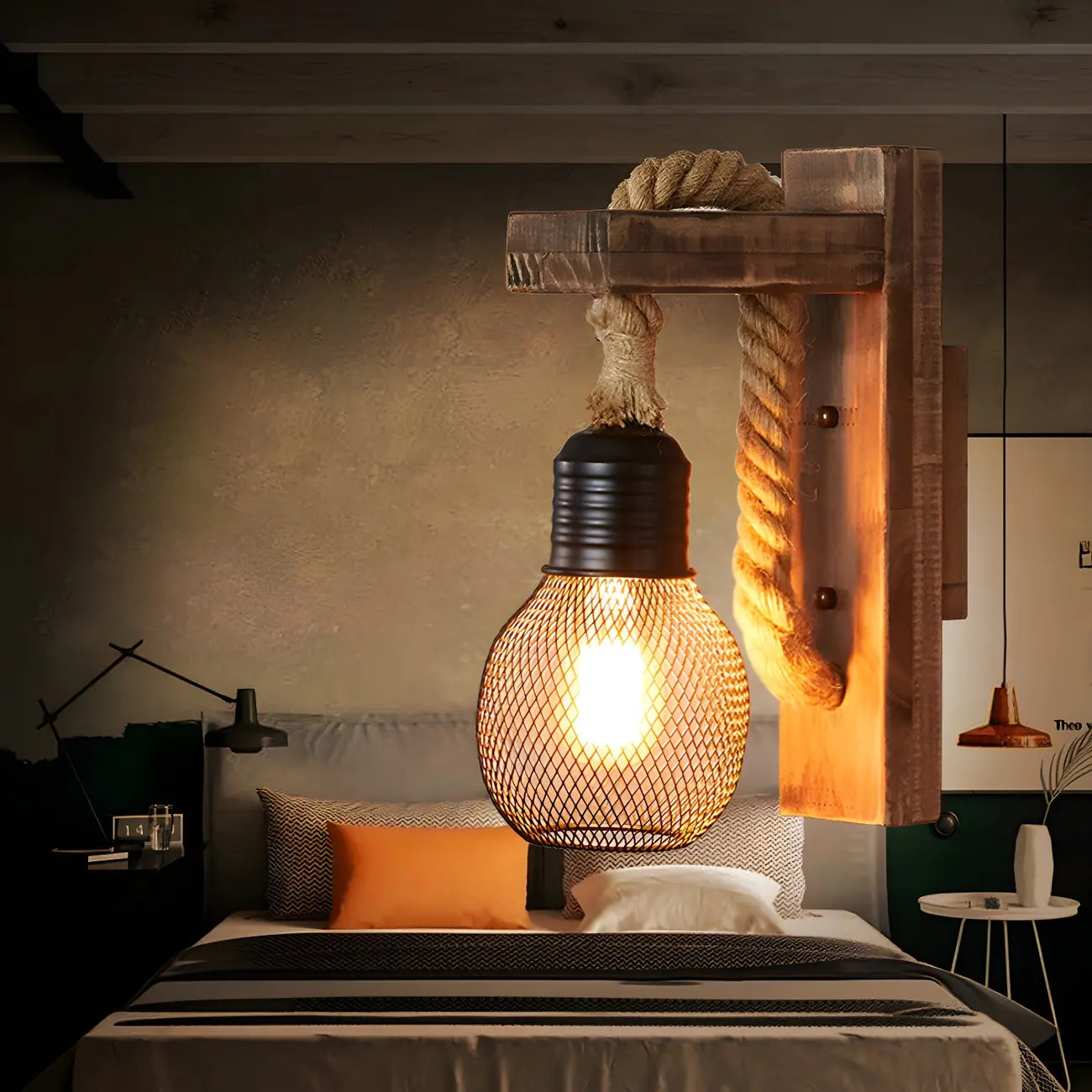 Vintage Rustic Rope Wall Sconce with Iron Grid Shade