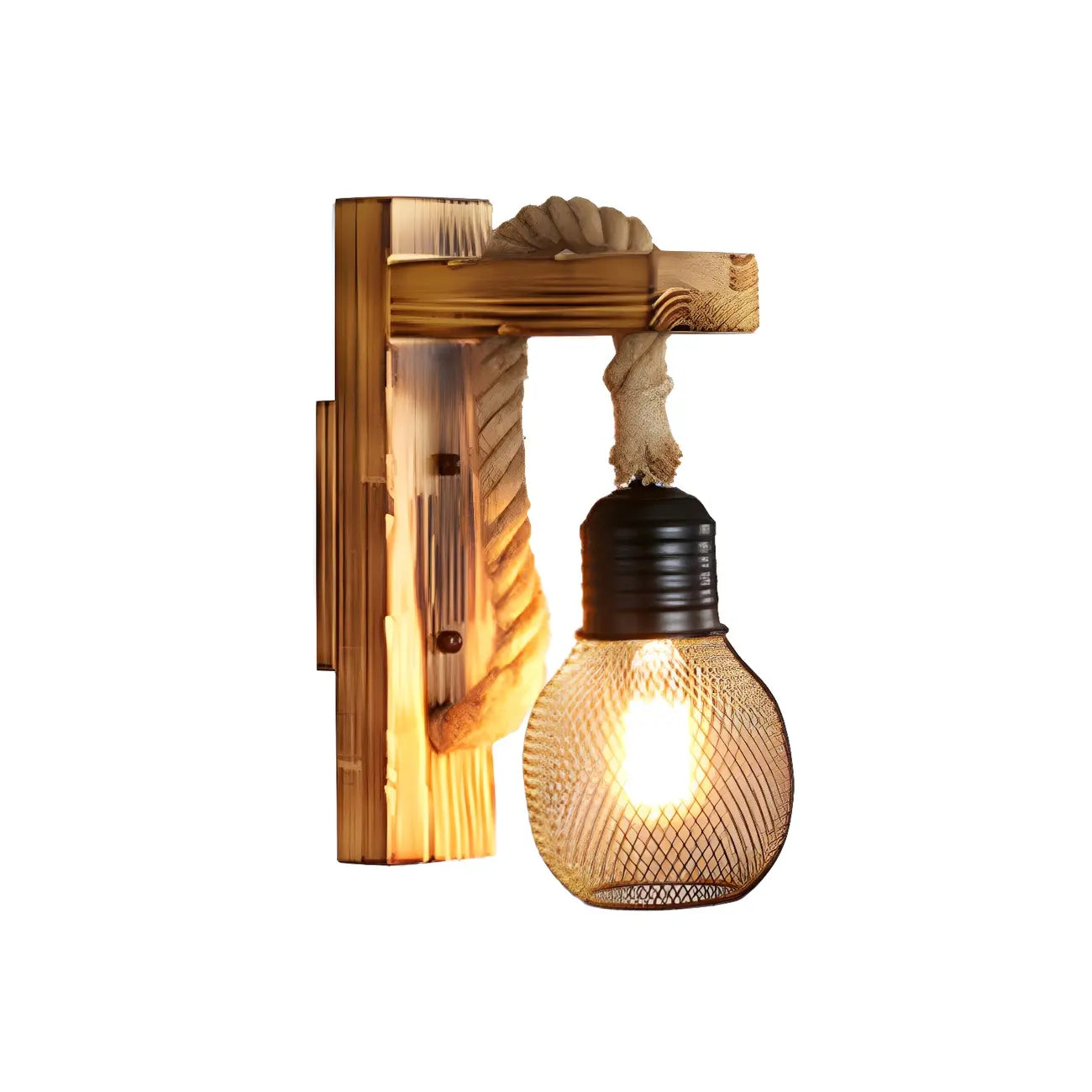 Vintage Rustic Rope Wall Sconce with Iron Grid Shade