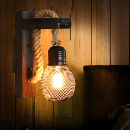 Vintage Rustic Rope Wall Sconce with Iron Grid Shade