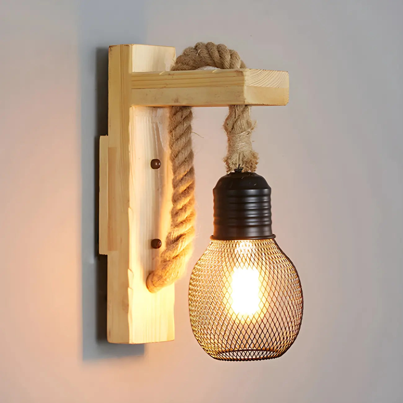 Vintage Rustic Rope Wall Sconce with Iron Grid Shade