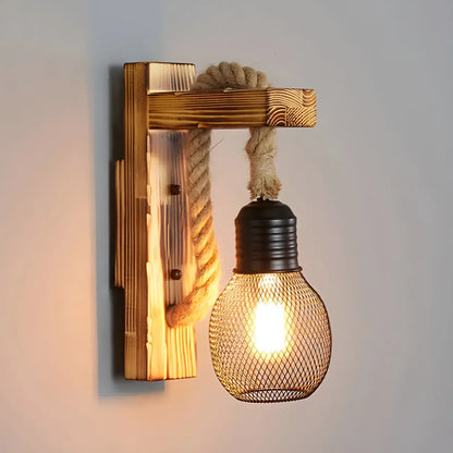 Vintage Rustic Rope Wall Sconce with Iron Grid Shade