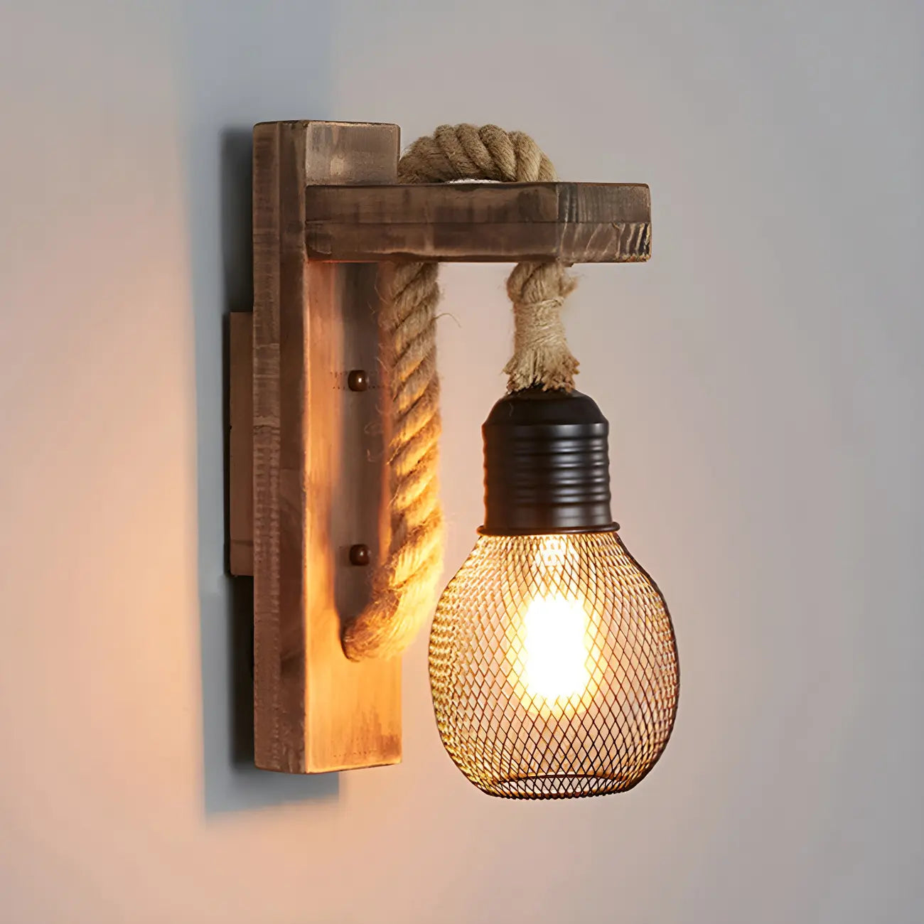 Vintage Rustic Rope Wall Sconce with Iron Grid Shade