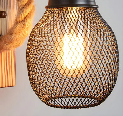 Vintage Rustic Rope Wall Sconce with Iron Grid Shade