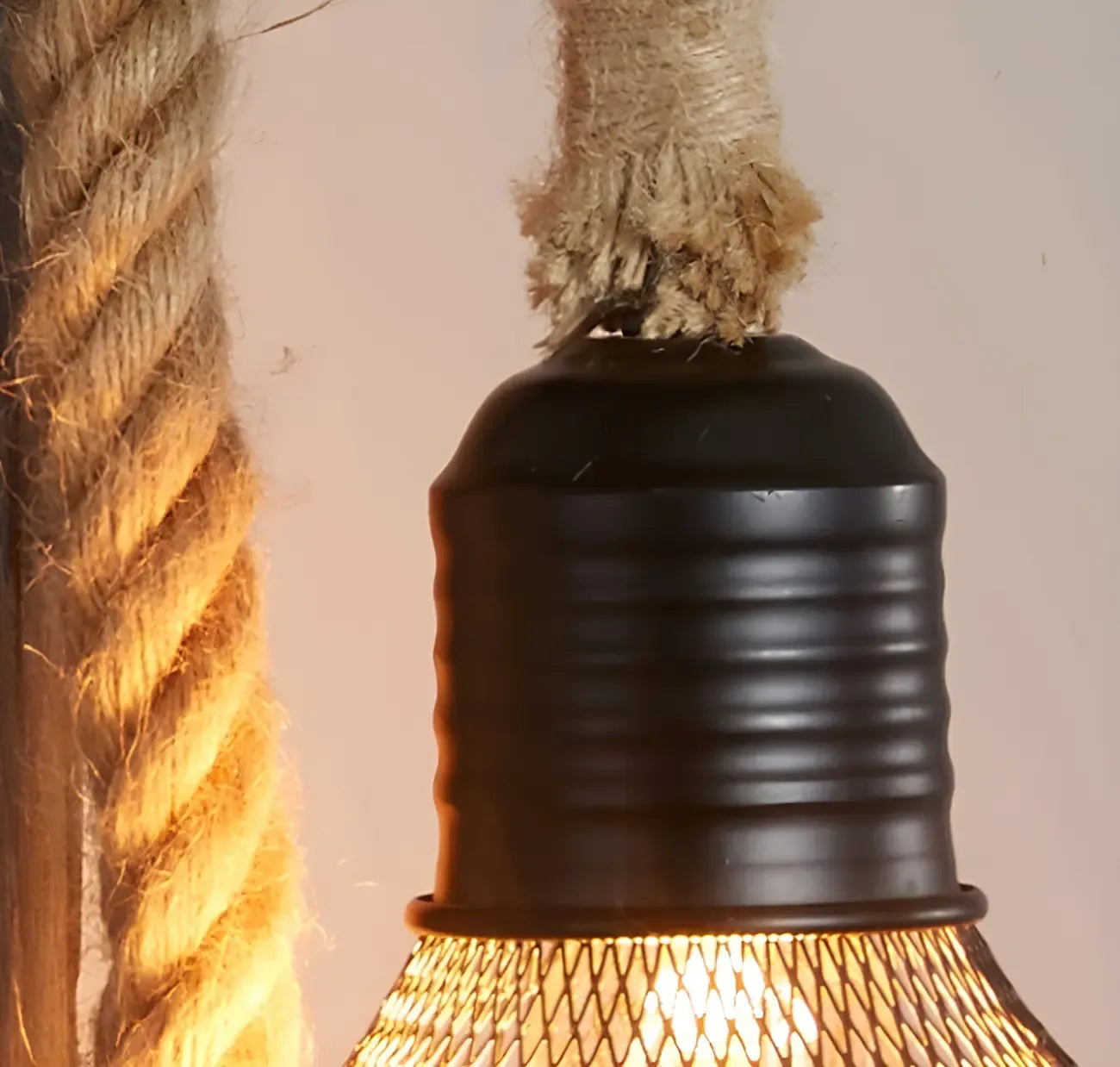 Vintage Rustic Rope Wall Sconce with Iron Grid Shade