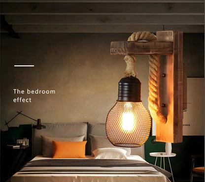 Vintage Rustic Rope Wall Sconce with Iron Grid Shade