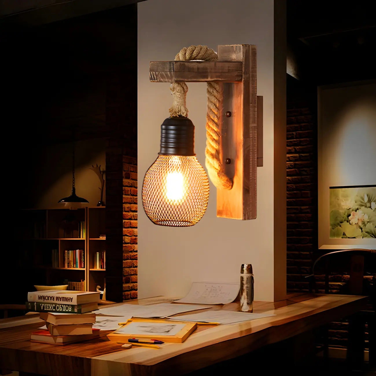 Vintage Rustic Rope Wall Sconce with Iron Grid Shade