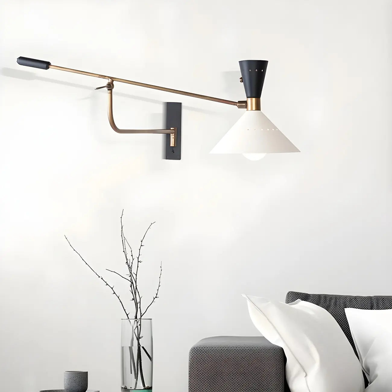 Modern Brass White Conical Arm Swing Wall Light
