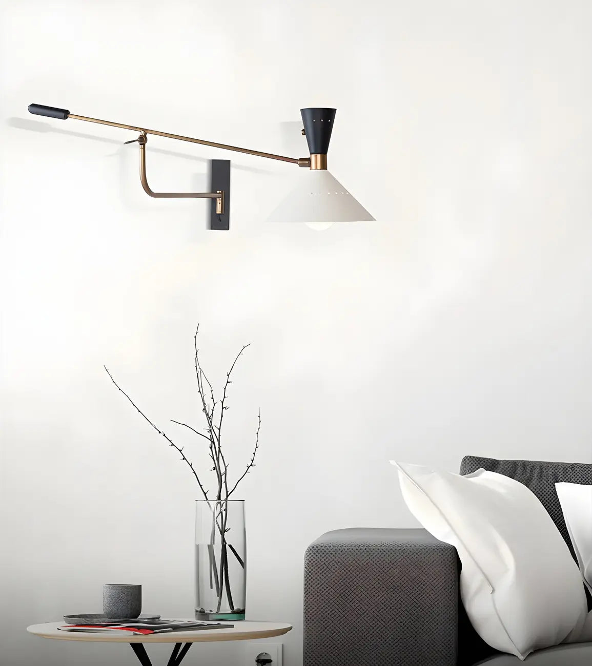 Modern Brass White Conical Arm Swing Wall Light