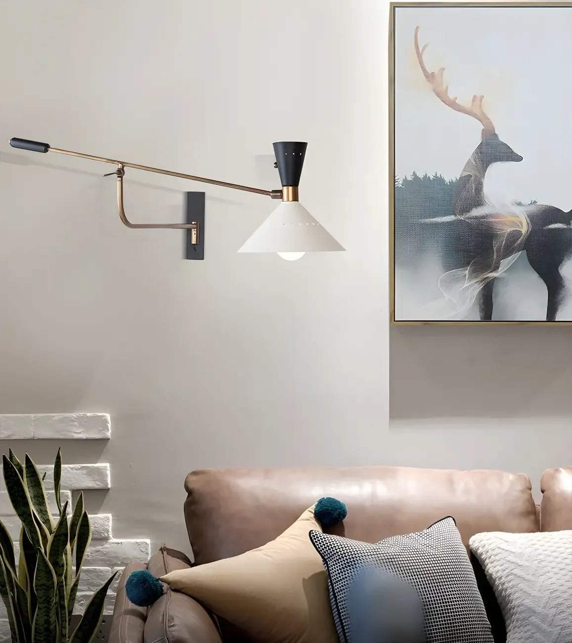 Modern Brass White Conical Arm Swing Wall Light