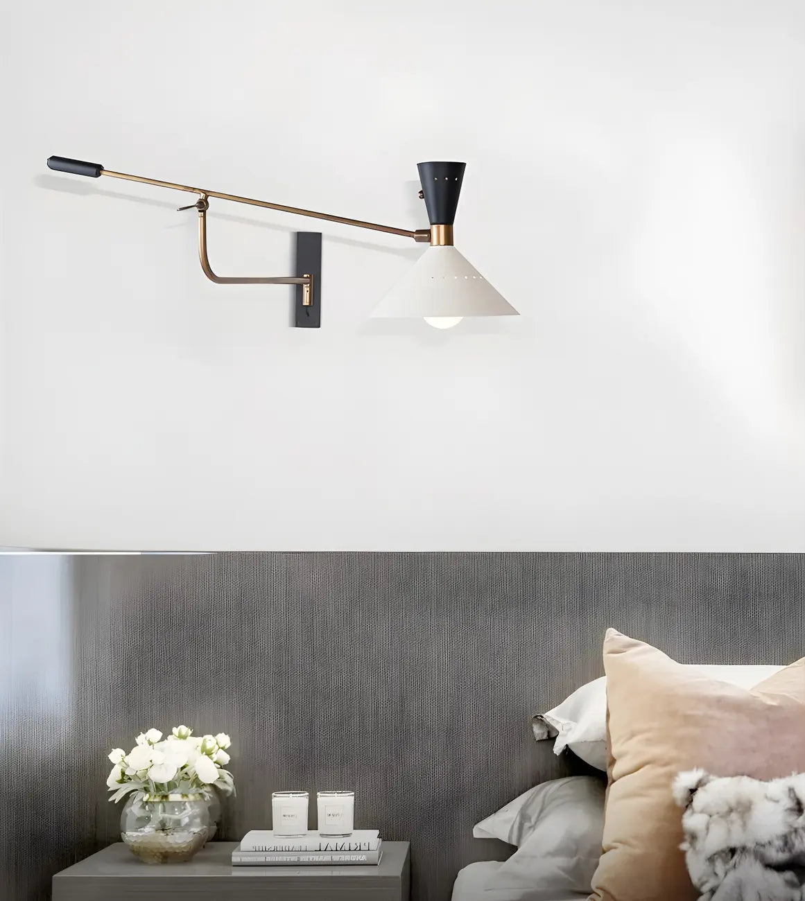 Modern Brass White Conical Arm Swing Wall Light