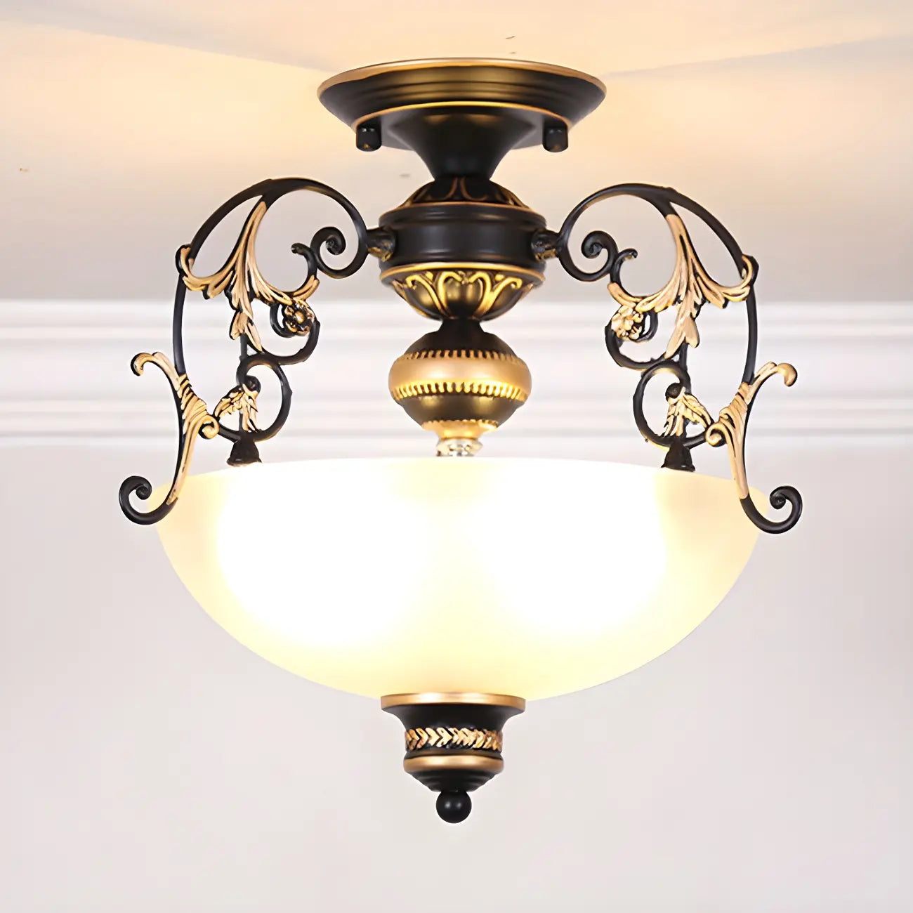 Vintage Metal Glass Dome Semi Flush Ceiling Light