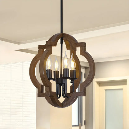 Industrial Adjustable Brown Wood Caged Candelabra Chandelier