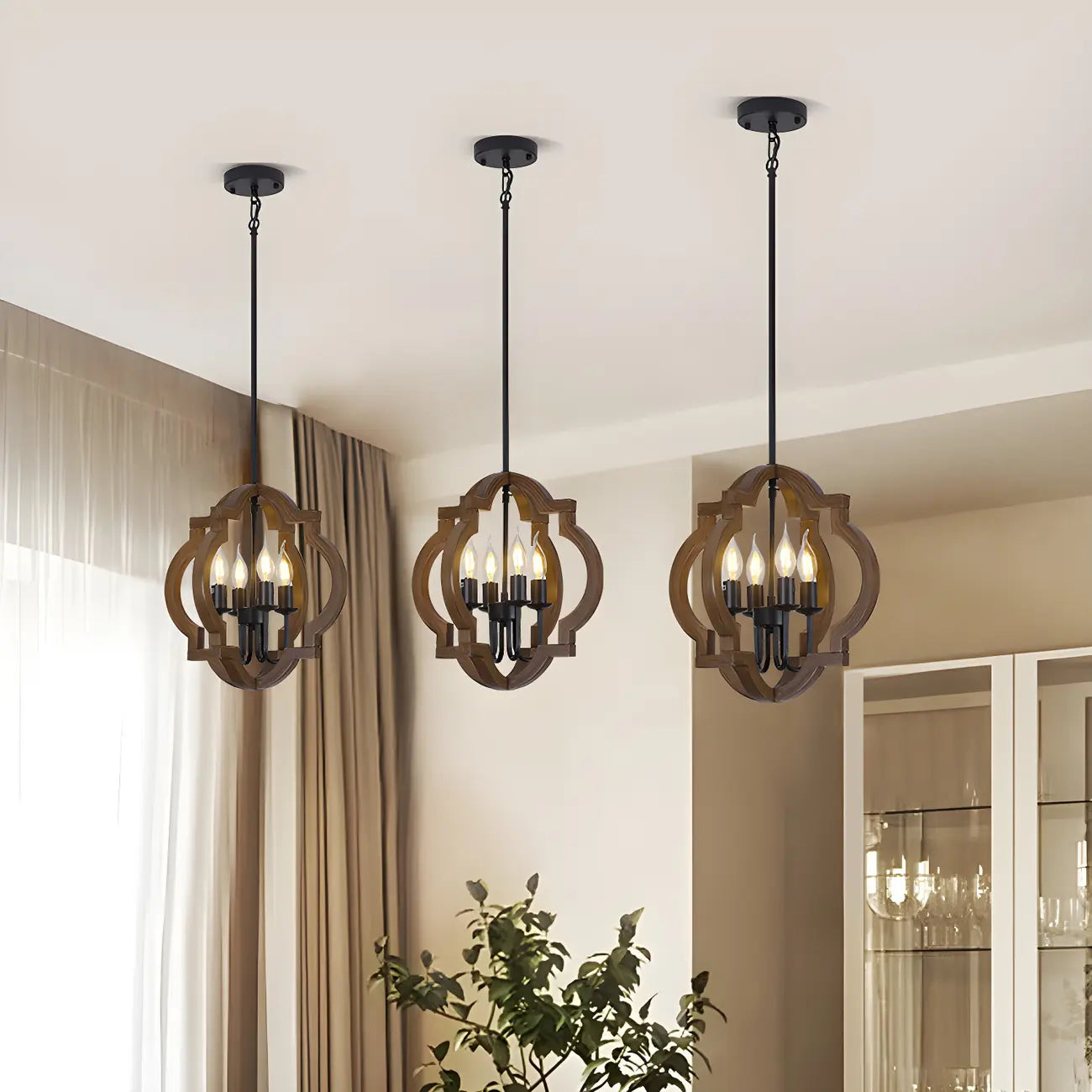 Industrial Adjustable Brown Wood Caged Candelabra Chandelier