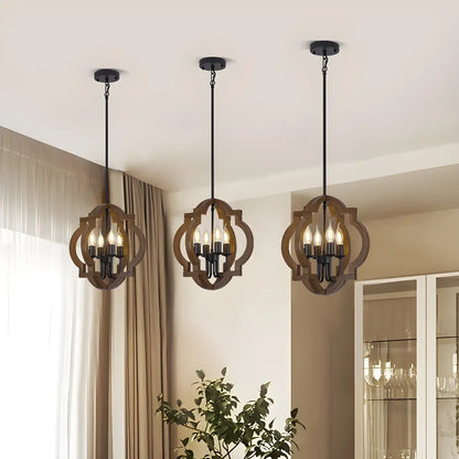 Industrial Adjustable Brown Wood Caged Candelabra Chandelier