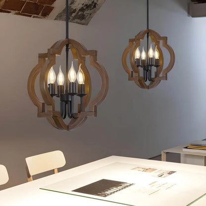 Industrial Adjustable Brown Wood Caged Candelabra Chandelier