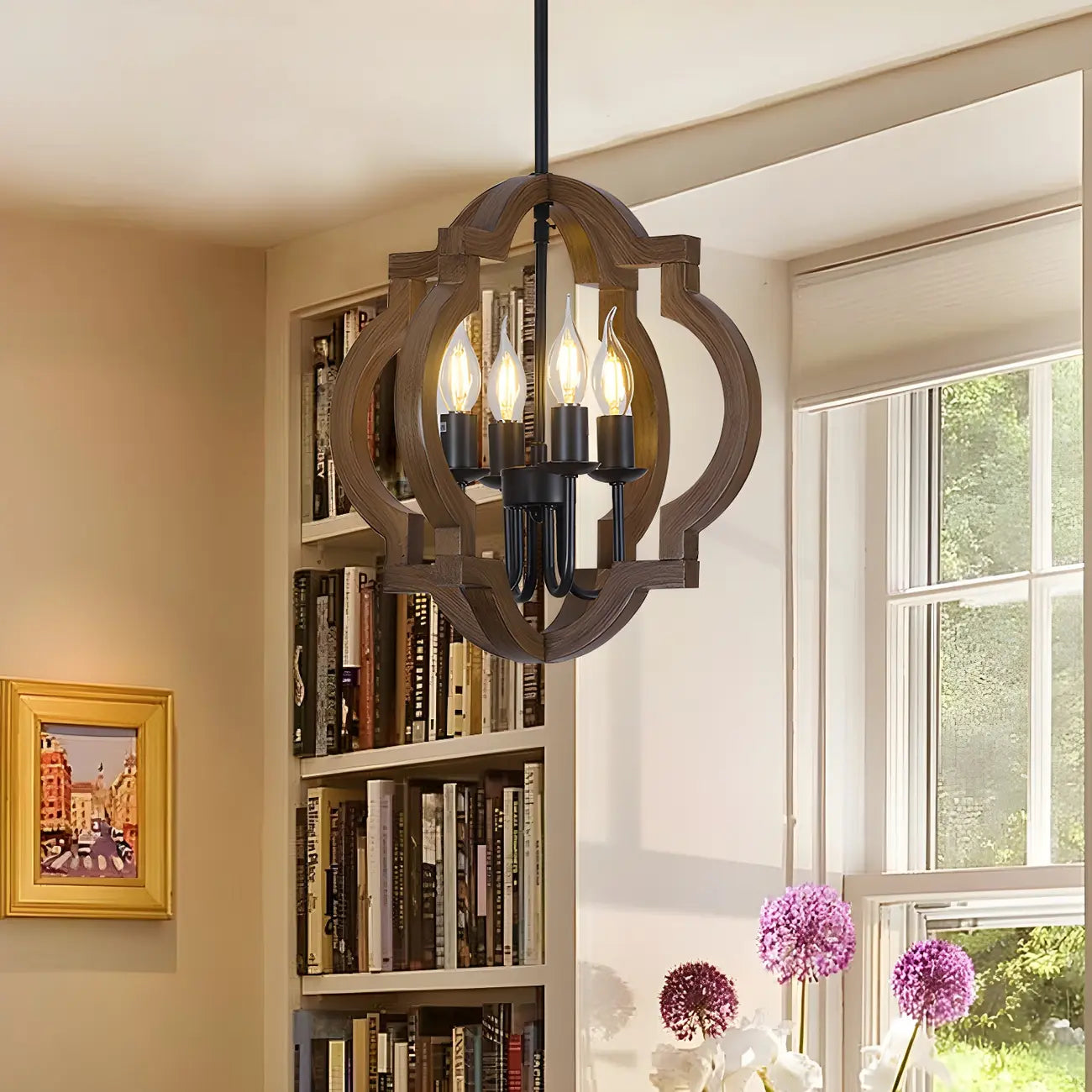 Industrial Adjustable Brown Wood Caged Candelabra Chandelier