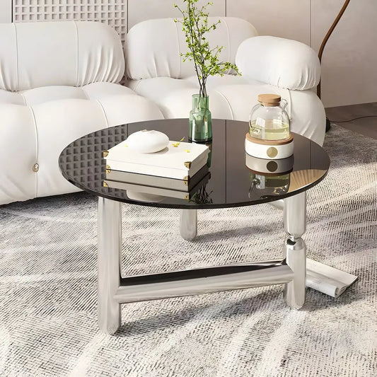 Round Glass Top Coffee Table with Stainless Steel Base