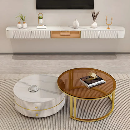 79 White Stone Floating TV Stand with Drawer & Cabinet