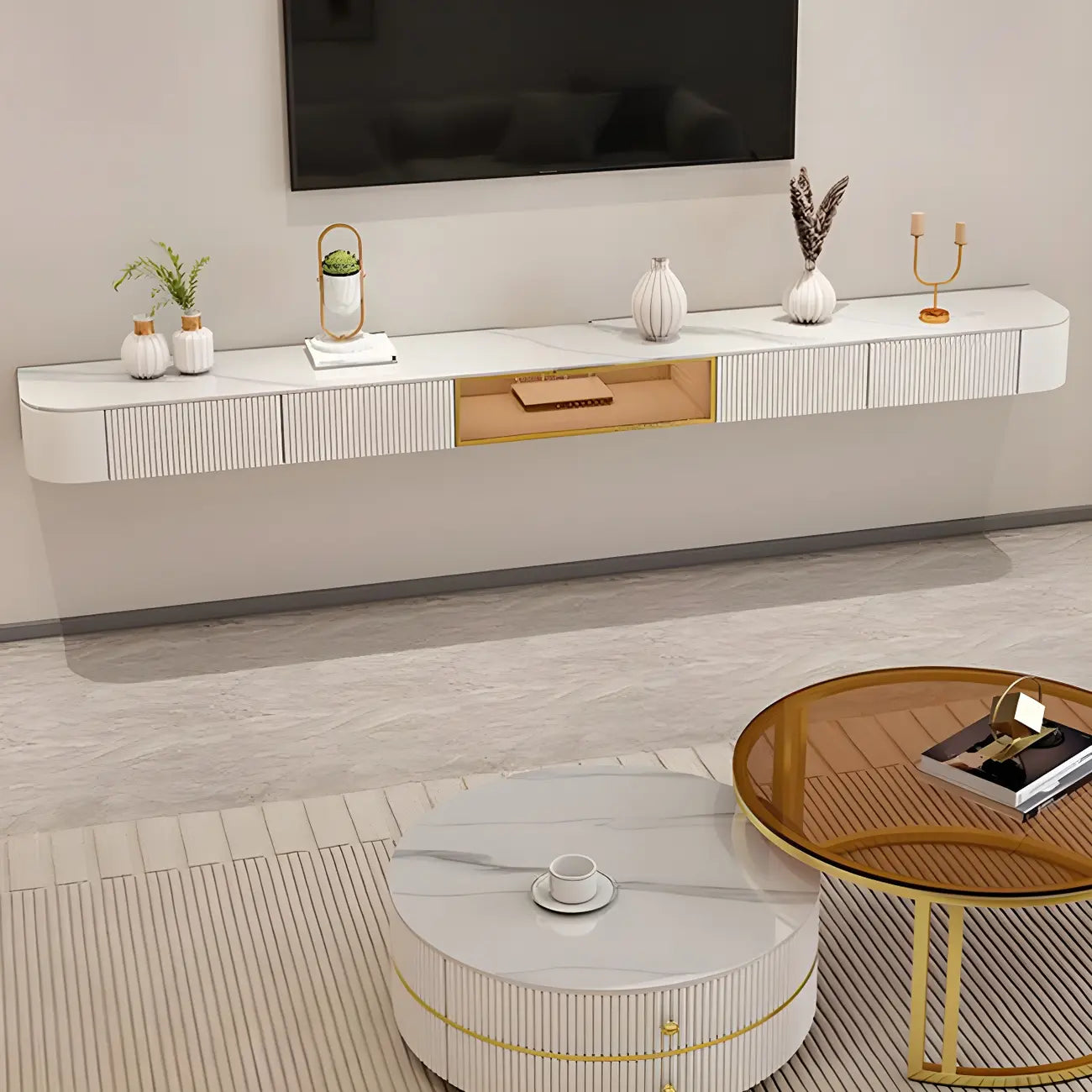 79 White Stone Floating TV Stand with Drawer & Cabinet