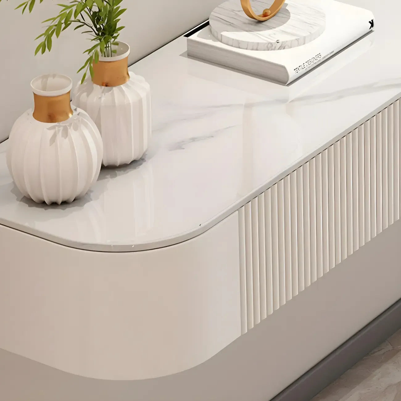 79 White Stone Floating TV Stand with Drawer & Cabinet