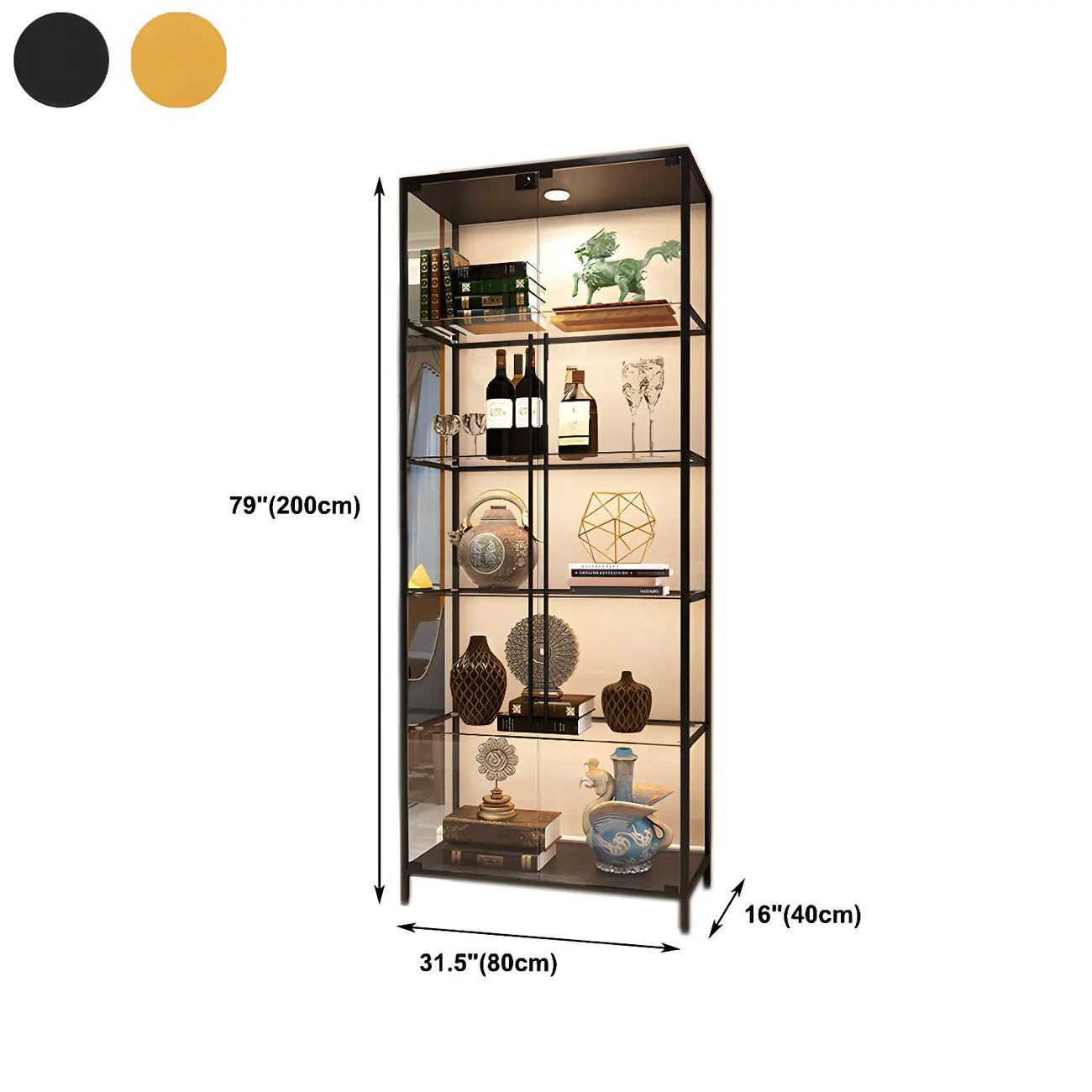 Glam Black Standard Curio Cabinet with Glass Doors