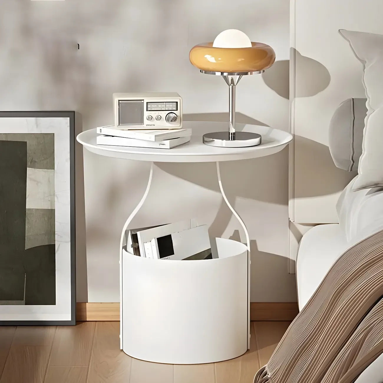 Minimalist Round Tray-Top Metallic Small Nightstand